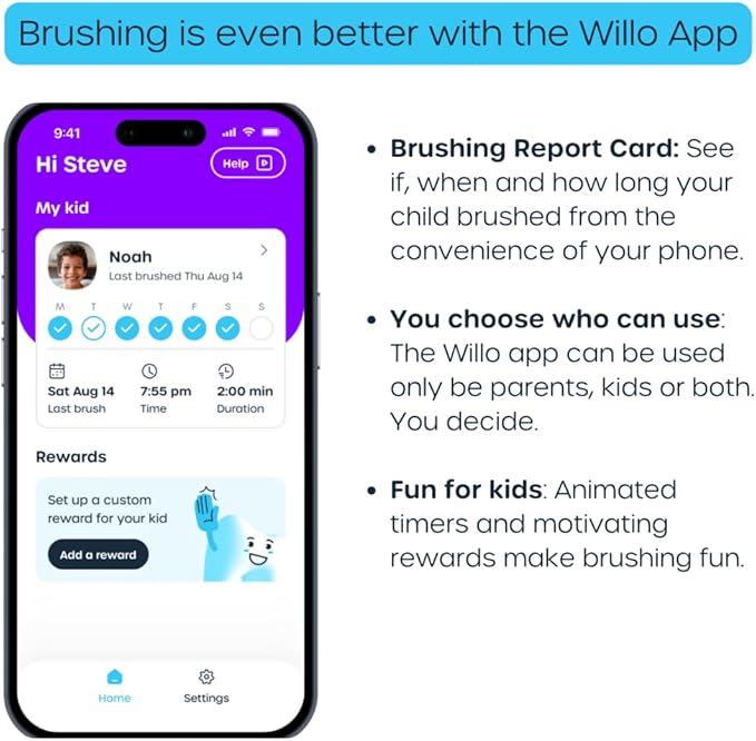 Willo Fully Automatic Kids U-Shaped Electric Toothbrush - 2 Brushing Timers, Deep-Cleans, Consistent Results, Eliminates Brushing Mistakes - Minty Mist (Large - Kids Ages 12+ Years)