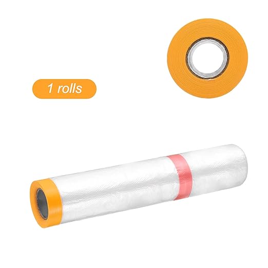 HARFINGTON Pre-Taped Masking Film 78.7" x32.8ft Double Adhesive Tape and Drape Painters Plastic Drop Cloth Film with Tape Plastic Sheeting for Automotive Painting Covering