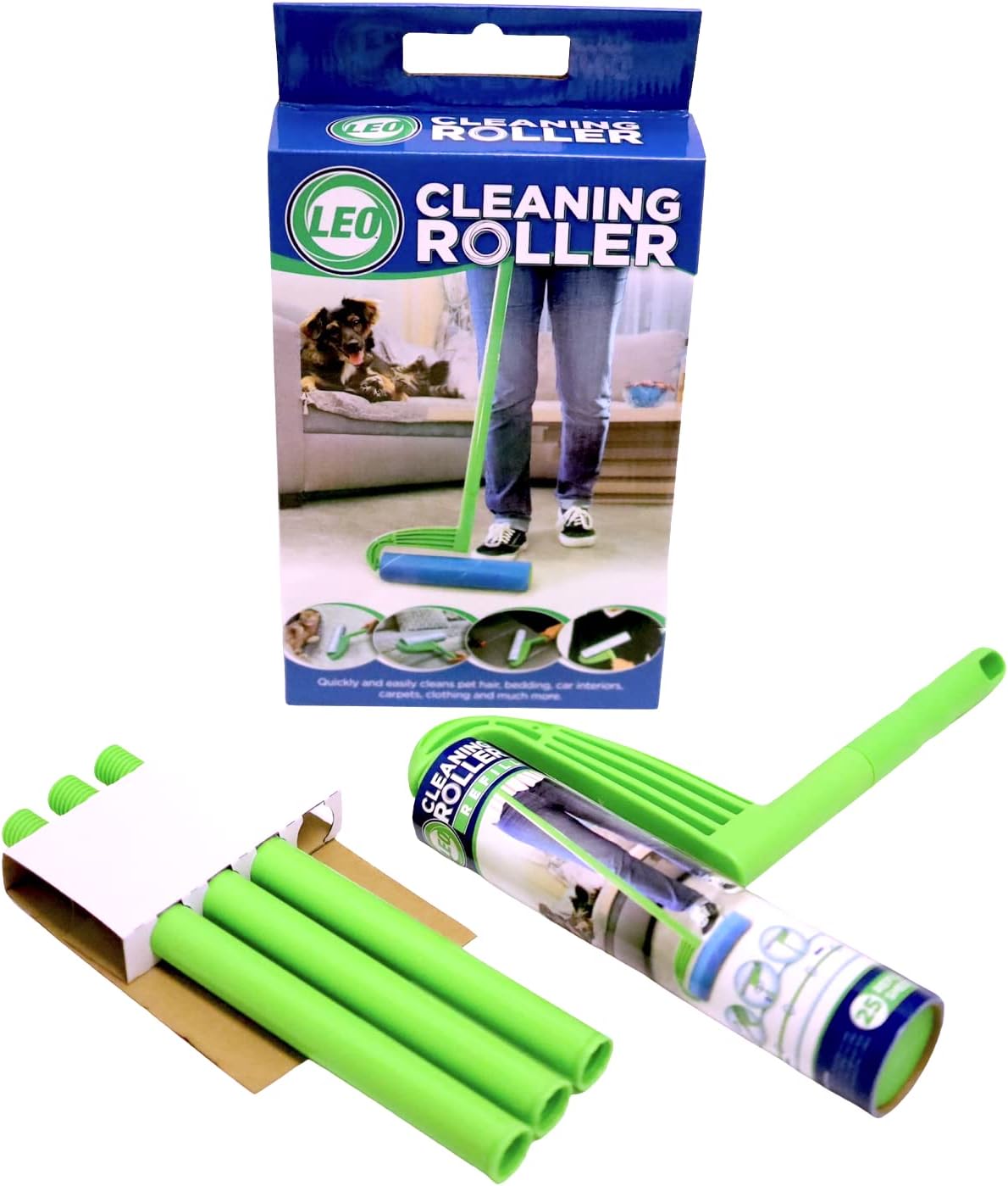 Leo 10-Inch Wide Lint Roller with Extendable Handle, Includes 1 Refill (25 Sheets), Extra Sticky for Pet Hair, Carpet & Floor Cleaning (1 Mega Roller)