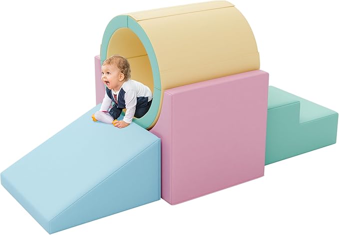 Tunnel/Ramps Foam Climber, Climb & Crawl Foam Activity Play Set for Toddlers and Kids, Safe Indoor Crawling Gym Equipment for,Infant,Baby Waterproof Easy to Clean (Pink)