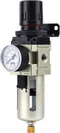 SNS 1/4''NPT Compressed Air Compressor Pressure Filter Regulator Piggyback Combo - Poly Bowl with Metal Guard, Semi-auto Drain, Bracket, with Gauge AW3000-N02A