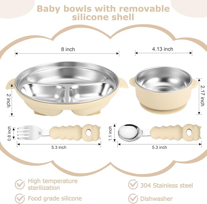 Stainless Steel Baby Plate and Bowl with Suction, Baby Bowl and Divided Kids Toddler Plate with Removable Silicone Shell, Non-Slip Toddler Baby Feeding Set, Forks + Spoons Included-Cream