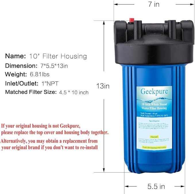 Geekpure 10-Inch Whole House Big Water Filter Housing-Fit for 4.5"x10"Filters -Blue-1 Inch Brass Port (1)