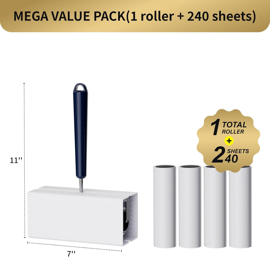 Lint Roller for Pet Hair Extra Sticky, 6.3'' Lint Remover with 240 Sheets, Large Surface Sticky Rollers for Clothes Furniture Dog Cat Hair (1 Roller + 240 Sheets)