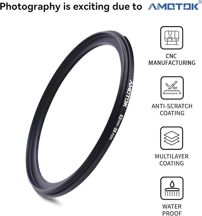 62mm Lens to 58mm Camera Lens Adapter,62mm to 58mm Filter Step up Ring Adapter Ring,Compatible All 58mm Filter Accessory