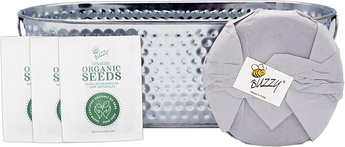 BUZZY Seeds Rosemary, Dill, and Thyme Grow & Grill Herb Kit, Indoor Seed Starter with Decorative Hammered Metal Windowsill Planter and Growing Medium - Easy Gardening Gift for Cooks & Beginners