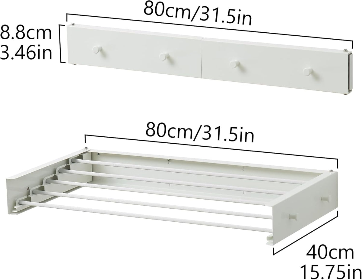 Clothes Drying Rack,Laundry Hanging Rack Collapsible,Wall Mounted Drying Rack for Laundry,Foldable Drying Rack Indoor Outdoor,31.5" Wide,5 Aluminum Rods with Hooks, 60 lb Capacity (White 31.5" Hooks)