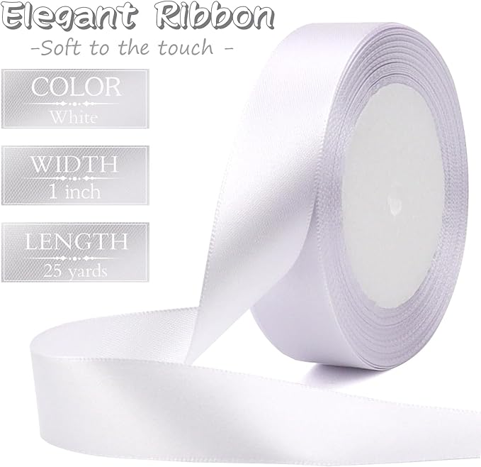 White Solid Satin Ribbon 1 Inch 25 Yards Solid Polyester Fabric Ribbon for Gift Wrapping Wedding Christmas Baby Shower Birthday Party Decoration Handmade Immortal Flower Craft