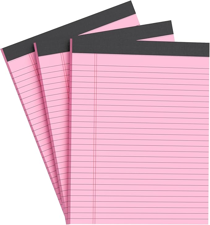 Pink Legal Pad Note Pads 8.5 x 11 inch, Wide Ruled Clear Print Writing Pads 30 Sheets/Pad, 20lb Colored Paper, Perforated Notepad with Sturdy Back (3 Pads Pink)