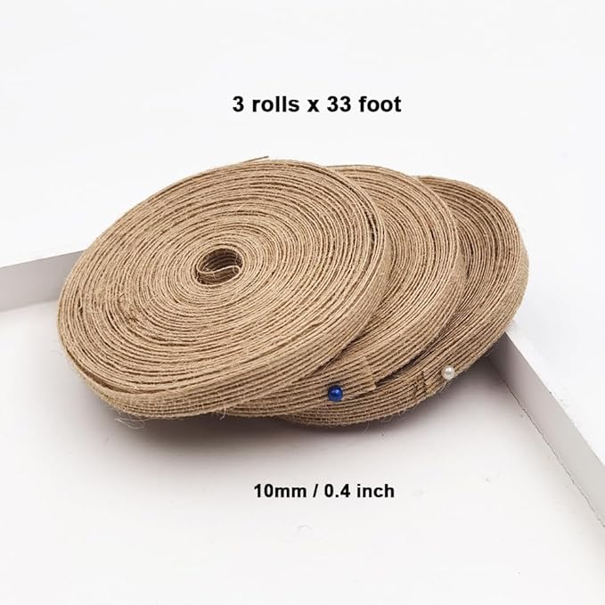 INSPIRELLE 3 Rolls 0.4 Inch Natural Burlap Fabric Roll 99 Feet Jute Lined Ribbon for Gift Wrapping Craft Projects Wedding Decoration Home Decoration 10mm