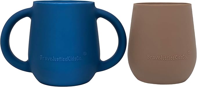| Teenie Tiny™ Silicone Developmental Baby-Led Weaning Drinking Cups (2 pack) (Warm Taupe and Blue Fusion)
