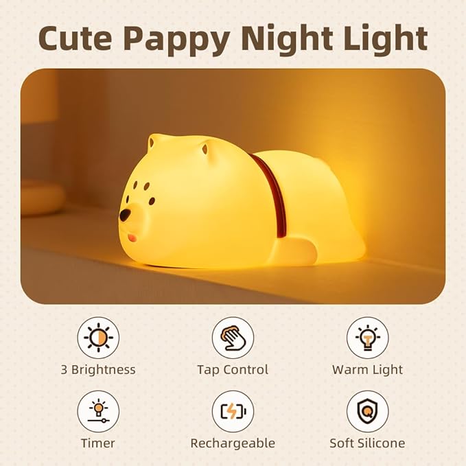 Cute Puppy Night Light for Baby Kids - Rechargeable Touch Control Night Light with 3 Brightness, Warm Light, Timer & Soft Silicone - Nursery Bedroom