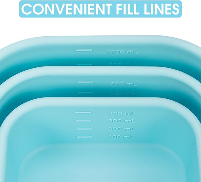Nesting 100% Silicone Food Storage Containers with Lid & Measuring Line, 6 Pack, Leakproof Stackable Silicone Containers for Food Lunch Snack, Microwave Freezer Dishwasher Safe, Light Blue/Pink
