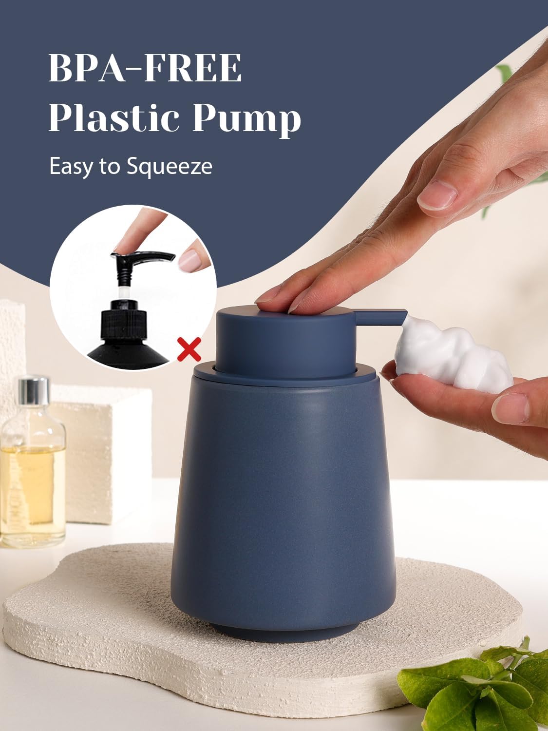 INGOFIN Ceramic Foaming Soap Dispenser -14 oz Foam Hand Soap Dispenser Bathroom, Modern Refillable Dish Wash Bottle for Kitchen with Large Pump, Matte Blue