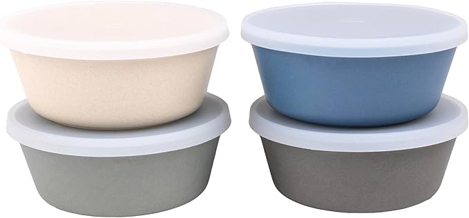 WeeSprout Bamboo Kids Bowls with Lids, Set of Four 10 oz Kid-Sized Dinnerware, Cereal, Leftovers & Snack Bowl, Dishwasher Safe (Blue, Green, Gray, & Beige)