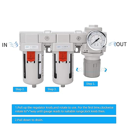 NANPU 3/4" NPT Air Drying System - Double Air Filters, Air Pressure Regulator Combo - Semi-Auto Drain, Poly Bowl