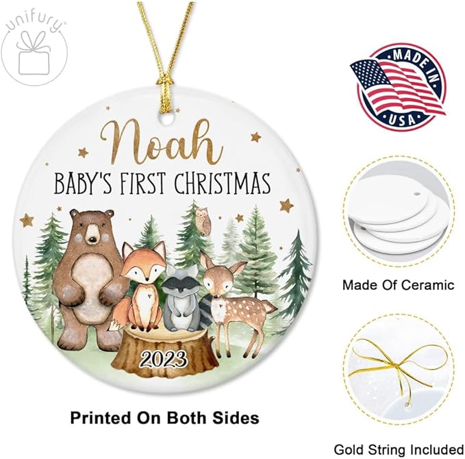 Unifury Personalized Baby First Christmas Ornament 2024, Adorable Keepsake for Babies First Christmas Tree, Holiday Decor for Celebrating Ceramic Babys 1st Christmas Ornament 2024, Woodland Animal