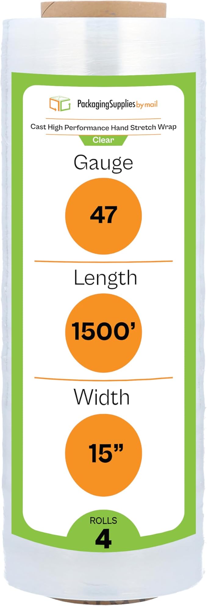 PSBM Stretch Wrap for Packing, 4 Pack of 15 Inch x 1500 Feet, 47 Gauge, High Cling Moving Stretch wrap, Cast Hand Stretch Film Moving wrap Rolls, Strong Plastic Wrap for Moving
