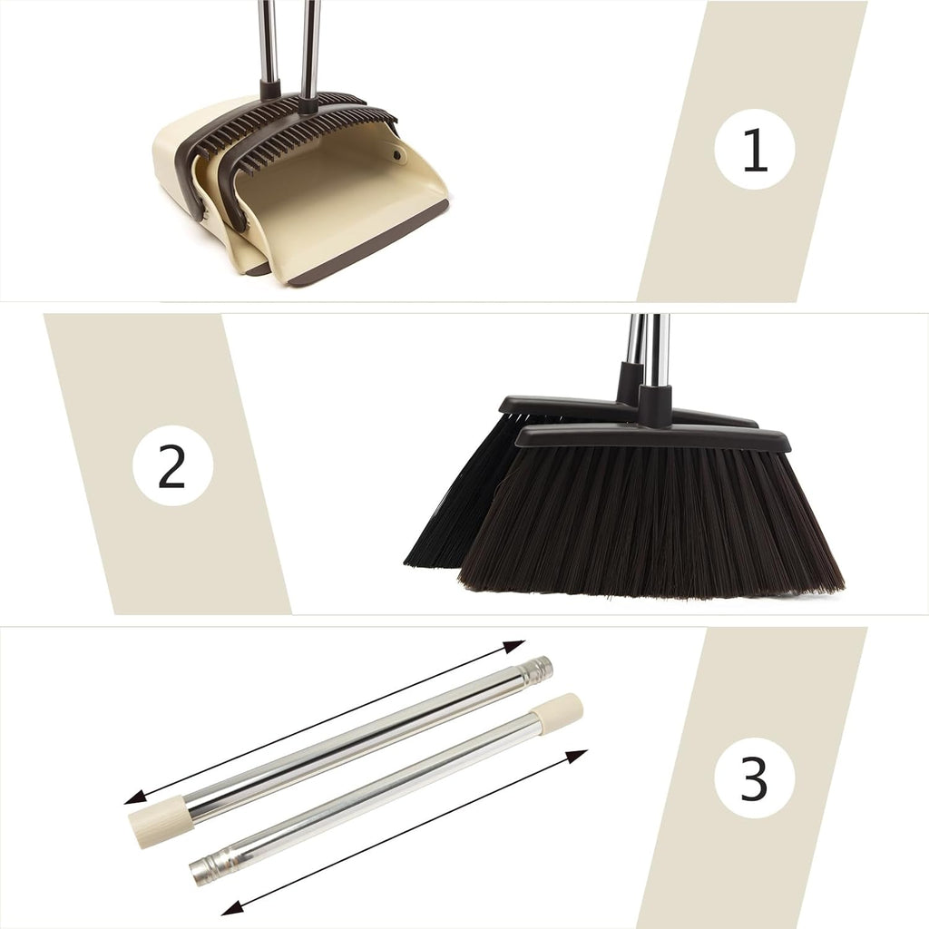 Broom and Dustpan Set, Dustpans with Broom Combo for Home, Heavy Dust Broom and Dustpan Combo, Long Handle Dust Pan and Broom Set for Kitchen, Office, Pet Hair,Beige, Pack of 1