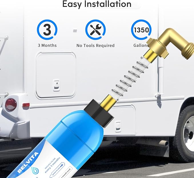 BELVITA RV Inline Water Filter with Solid Brass 90 Degree Hose Elbow, Eliminates Stress and Strain On RV Water Intake Hose Fittings(4 Pack)