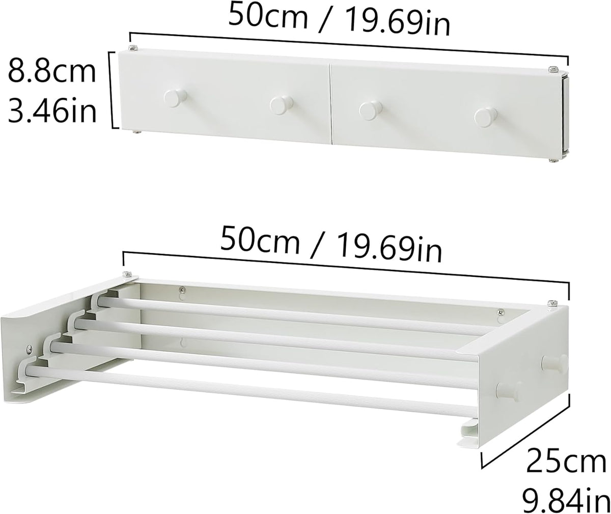 Clothes Drying Rack, Laundry Hanger Dryer Rack, Wall Mounted Drying Rack for Laundry, Foldable Drying Rack Indoor Outdoor,19.7" Wide,4 Aluminum Rods with Hooks, 40 lb Capacity (White 19.7" Hooks)