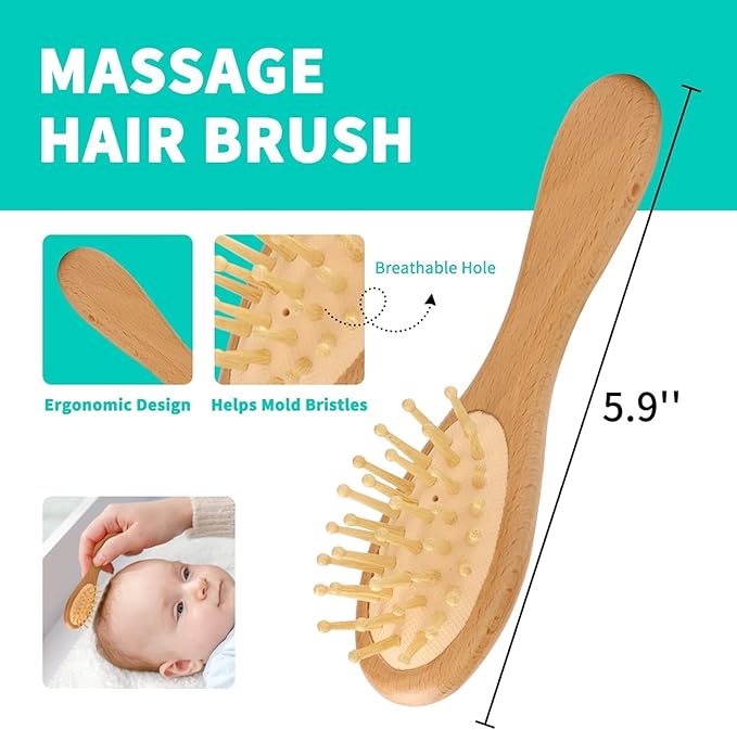 Goat Baby Hair Brush Set, Wooden Comb Massage Scalp Comb, Safe Natural Hair Care Kit, Soft Silicone Bath Brush for Newborns Toddlers (Brush Set+ Green Massager)
