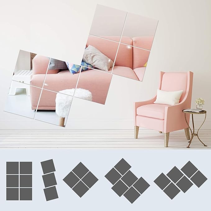 BBTO 20 Pcs Mirror Sheets, 8''x 8'' Self Adhesive Non Glass Cut to Size Mirror Stickers Tiles, Safe Unbreakable Plastic Small Frameless for Classroom, Childroom & DIY Craft