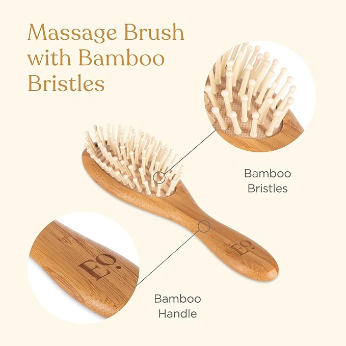 Natural Bamboo Hair Brush & Comb Set, 3 Piece - Cradle Cap Brush, Massage Hair Brush, Bamboo Comb for Toddlers, Newborns & Infants I Baby Registry Gift
