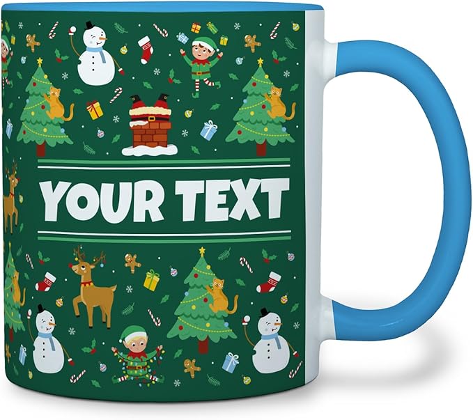 Personalized Mug for Kids - Christmas - Custom Name/Text, Ceramic Hot Chocolate/Cocoa/Coffee Cup for Boys/Girls, Holiday/Birthday Gift - 11 oz, Light Blue Handle