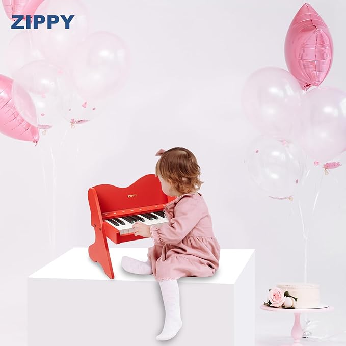 ZIPPY Kids Piano Keyboard, 25 Keys Digital Piano for Kids, Touch Sensitive Control Panel, Volume Adjustable, Mini Music Educational Instrument Toy, Wood Toy for Toddlers Girls Boys (Red)