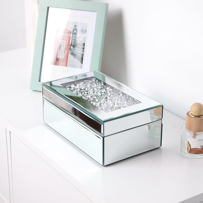 Luxury Mirrored Jewelry Box with Crushed Diamond - Glass Jewelry Box Organizer Storage for Women, Ring Holder Case for Dresser and Decorative