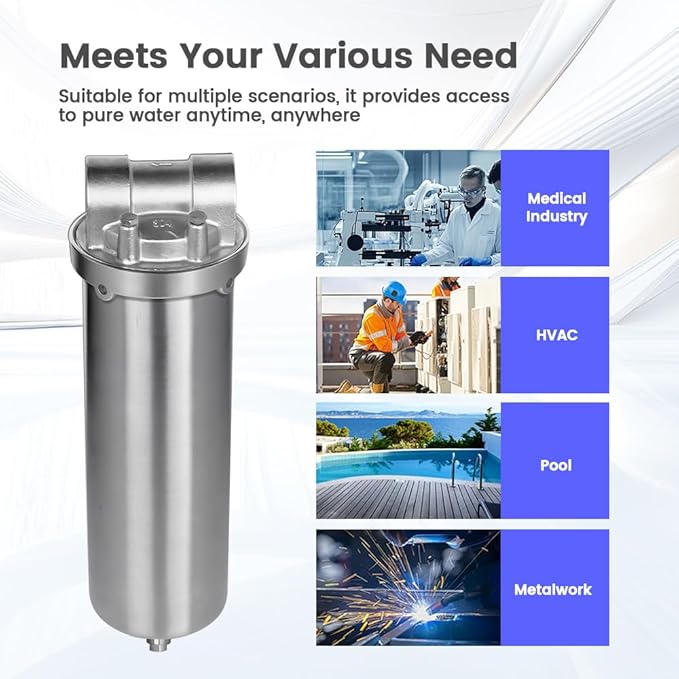 Amwater NSF/ANSI 42 Certification 304 Stainless Steel Filter Housing for 10" Filter Cartridge, 1/2NPT Water Filter Housing, Drain Valve Style C (Square Head)