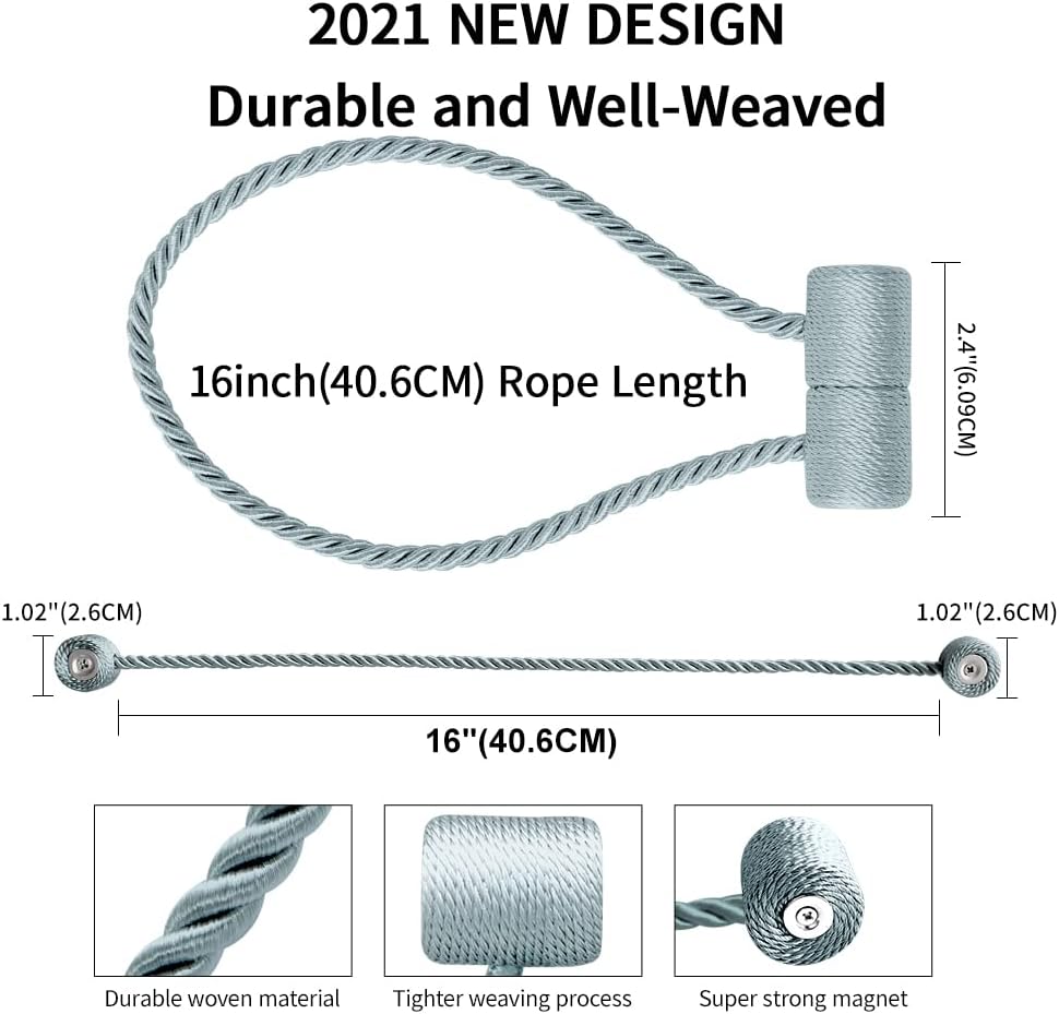 18 Inch Strong Magnetic Curtain Tiebacks, Curtain Holdbacks Modern Upgrade Strong 2021 New Twisted Style Decorative Drapery Rope Tie Backs(4 Pack Grey Blue)