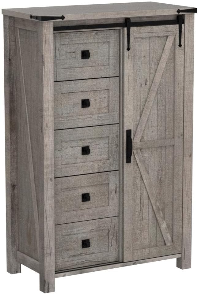 T4TREAM 5 Drawers Dresser for Bedroom w/Sliding Barn Door, Farmhouse Modern Tall Dresser 5 Chest of Drawers, Storage Organizer for Bedroom, Hallway, Living Room, Kids Room, Light Rustic Oak