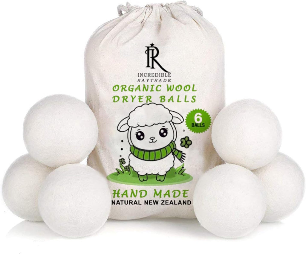 RAYTRADE Wool Dryer Balls 6-Pack 100% Made of Organic New Zealand Wool Reduces Clothing Wrinkles and Saves Drying Time Reusable Natural Fabric Softener Stocking Stuffer Gifts