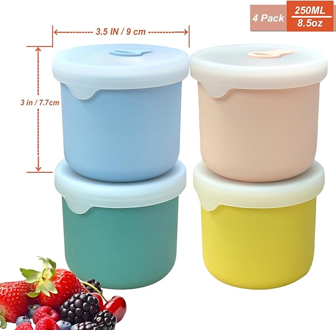 8.5 OZ Silicone Food Storage Containers, Baby Food Storage Jars with Airtight Lids and Snack Cup Lid, Freezer, Microwave and Dishwasher Safe, Reusable Snack Containers for Kids, Infant, Toddler, 4 Pcs