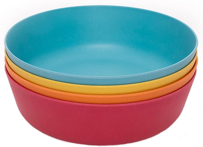 WeeSprout Bamboo Kids Bowls, Set of Four 15 oz Kid-Sized Dinnerware, Cereal, Leftovers & Snack Bowl, Dishwasher Safe (Blue, Yellow, Orange, & Red)