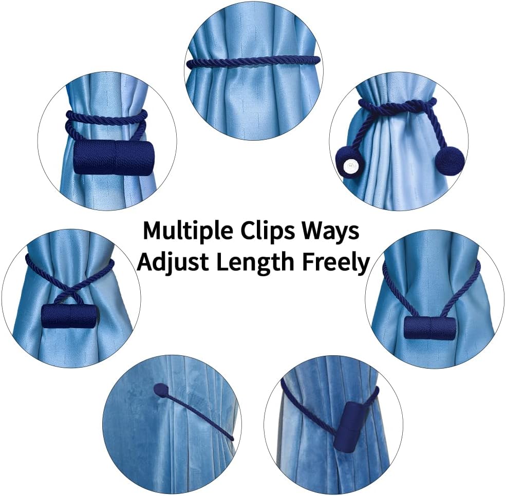 18 Inch Strong Magnetic Curtain Tiebacks, Curtain Holdbacks Modern Upgrade Strong 2021 New Twisted Style Decorative Drapery Rope Tie Backs(4 Pack Navy Blue)