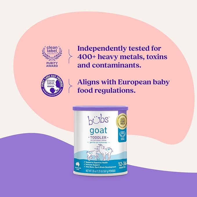 Bubs Goat Toddler Nutritional Drink, Non-GMO Whole Goat Milk-Based Gentle Formula, for Kids 12-36 Months, 20 oz