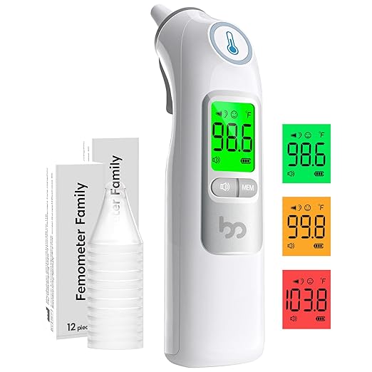 Ear Thermometer, Highly Accurate Ear Thermometer for Kids, Adults and Babies, 30 Memory Recall, 1s Result and 3-Color Fever Alert, with 24 Disposable Probe Covers, Gray