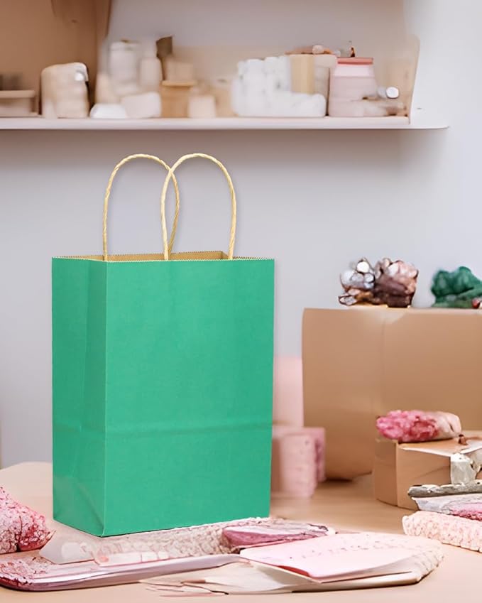 qiqee 60 pcs Kraft Bags with Handles 7.6"x4.75"x10.5" Medium Gift Paper Bag Mint Green Solid Color Bags