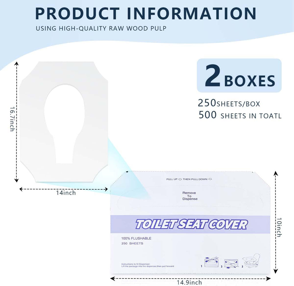 2 Pack (500 Pieces) Disposable Toilet Seat Covers Flushable Paper Toilet Seat Cover for Bathroom, Hotels, Travel, Kids or Adults