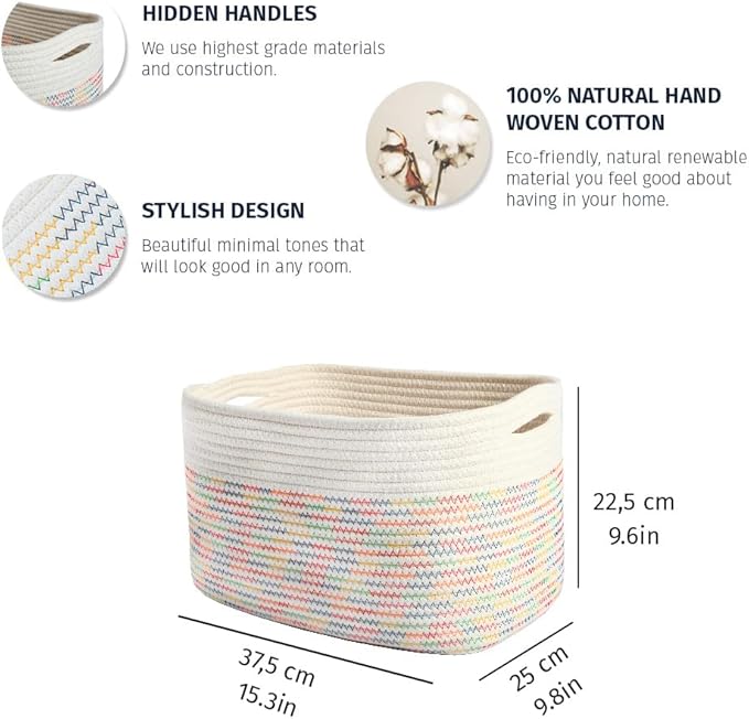 OrganiHaus Set of 3 Rainbow Stiches Woven Storage Baskets for Organizing, Cotton Rope Storage Baskets for Shelves, Soft Bathroom Bins for Organizing, Decorative Cute Nursery Bins for Toys