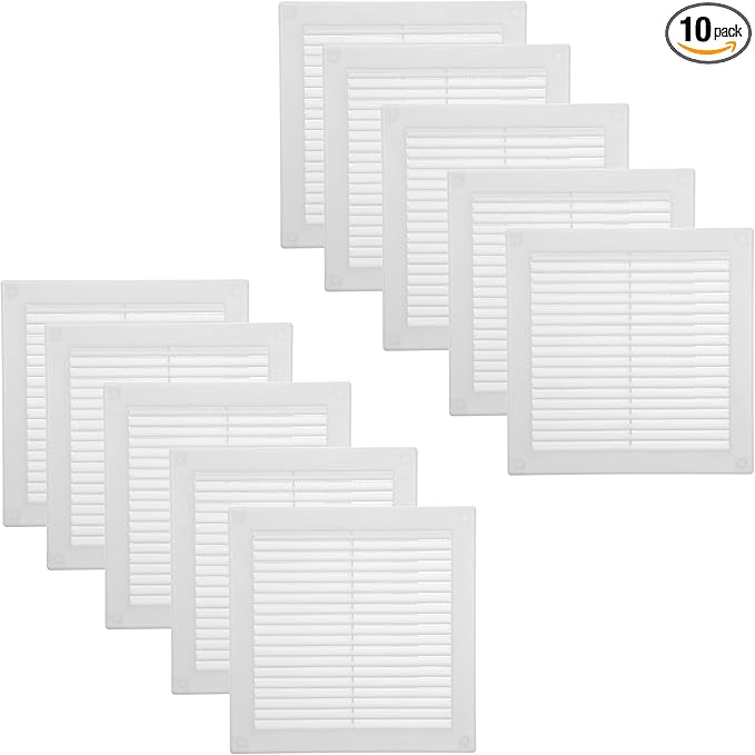 Vent Systems 4.5" x 4.5" Inch (Opening Dimensions) - Pack of 10 - White Plastic Soffit Vent Cover - Durable Square Air Vent Grille with Mesh Screen - Ventilation Grill Wall, Ceiling Indoor, Outdoor