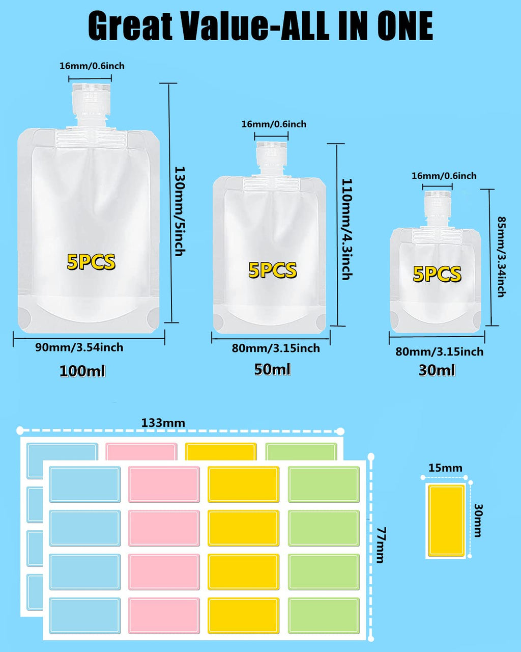 17 Pack Travel Pouches for Toiletries,TSA Approved,Travel Size Portable Containers,Stand Up Pouch,Refillable Travel Accessories for Shampoo Conditioner Lotion Soap Liquids (B-17pcs)