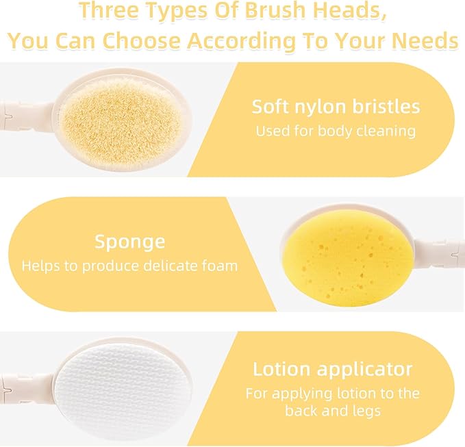 LFJ 19" Long Handle Shower Sponge Brush Set, 3 in 1 Body Brush, Bath Sponge and Lotion Applicator Improved Skin Health, Suitable for Men and Women (White Brush-1P)