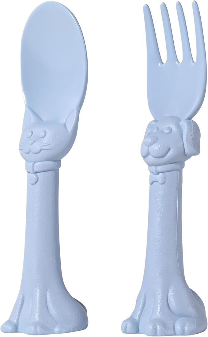 Made in USA Spoon la la Toddler Utensils Set - 2 Pack (1 Spoon & 1 Fork for Kids) - Self-Standing 3D Ergonomic Cat & Dog Handles - BPA-free, Dishwasher Safe, Baby Silverware (Blue)