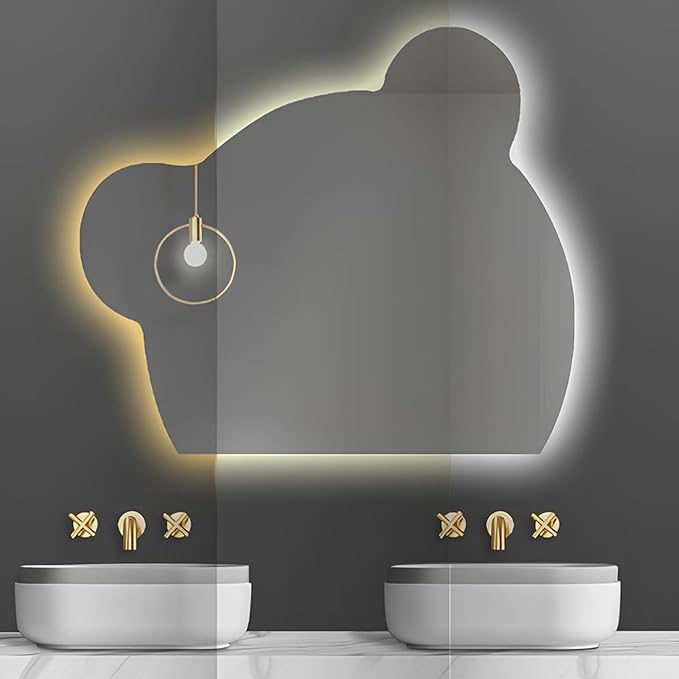 LTSRLL LED Vanity Mirror Cute Bear Decorative Mirror for Bathroom & Dressing Tabler Backlight Wall Mirror with 3 Color Dimmable Light Demister Pad Human Body Sensor Switch(Cut Down,70cmx85cm)