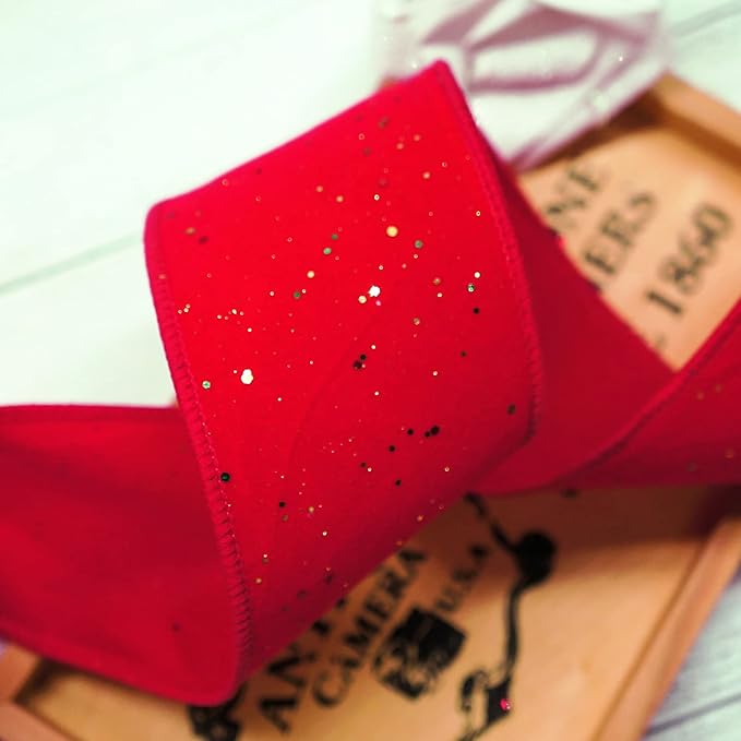 CT CRAFT LLC Red Velvet with Confetti Glitter Wired Ribbon 2.5 Inch x 10 Yards for Christmas Home Decor Tree Topper Bow Gift Wrapping DIY Crafts Wreath Garland
