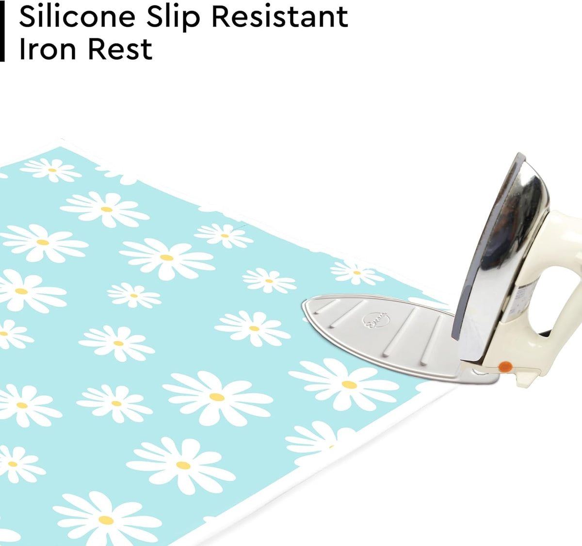 Encasa XO Ironing Mat/Pad (Large 48"x28") with 3mm Padding & Silicone Iron Rest for Steam Pressing on Tabletop or Bed - Heat Resistant, Portable, Quilting & Travel Blanket - Daisy Blue